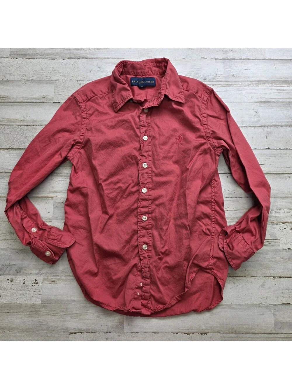 Polo Ralph Lauren Boys SM (8) Solid Red Long Sleeve Button-Up Preppy Shirt